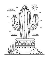 cactus in a pot desert plant line art vector