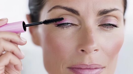 Woman applying pink mascara to eyelashes with brush wand. Beauty makeup routine, cosmetics application, eye enhancement concept with professional quality products and natural style.