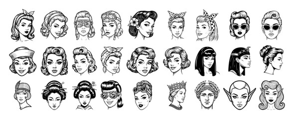 female faces expressions collection retro comic style vector set
