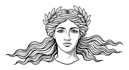 beautiful greek goddess with laurel wreath mythology face vector black illustration shape for laser cutting and engraving