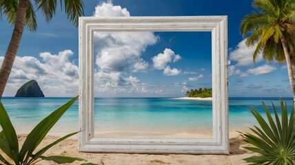 Travel concept with tropical beach and white ad frame in the sky