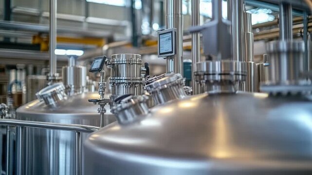 Industrial scene with rows of stainless steel tanks in a factory setting, suitable for use in business, industry or technology contexts