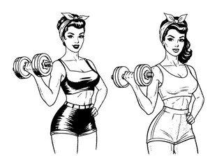 pinup fitness girls lifting dumbbells vintage vector illustration