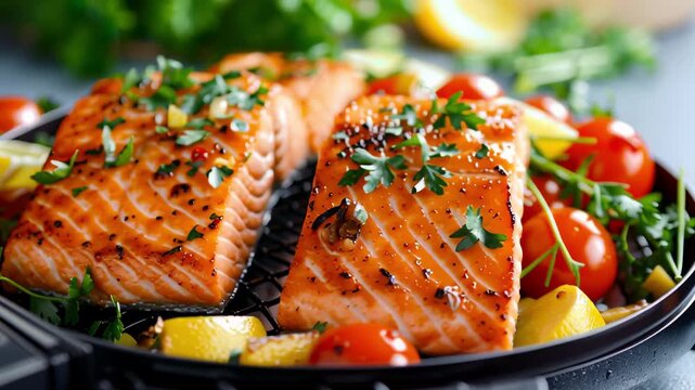 Air fryer clean food cooking easy. Grilled salmon fillets garnished with herbs and lemon slices.	
