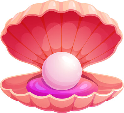 Cartoon pearl shell or scallop seashell with treasure jewelry, vector underwater mollusk. Open scallop shell or mother pearl seashell with pink pearl ball for undersea fairy tale or marine treasure