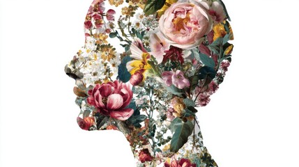 A creative artwork showcases a silhouette filled with colorful flowers and foliage, emphasizing themes of nature, beauty, and artistic innovation. The piece captures a unique blend of form and color.