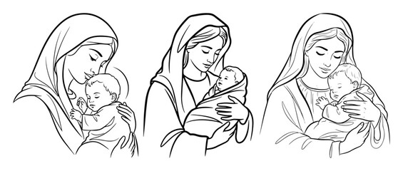 virgin mary holding baby jesus christian vector illustration set