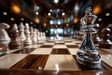 A Polished Silver Chess King Stands Tall On A Rich Wooden Board