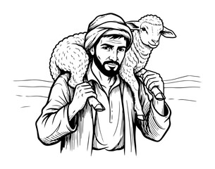 jesus christ the good shepherd carrying a lamb biblical art vector black illustration shape for laser cutting and engraving © Aisha Kudorova