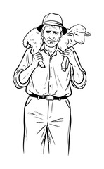 shepherd man carrying a lamb on his shoulders rural scene vector black illustration shape for laser cutting and engraving