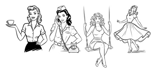 retro pin up girls collection vintage woman relaxing set vector black illustration shape for laser cutting and engraving