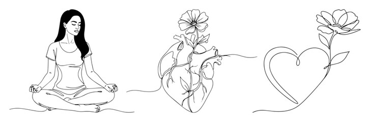 one line yoga woman heart flower minimal vector set