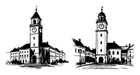 old european town square with clock tower vector