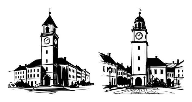 old european town square with clock tower vector