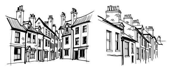 old european street with row houses line art
