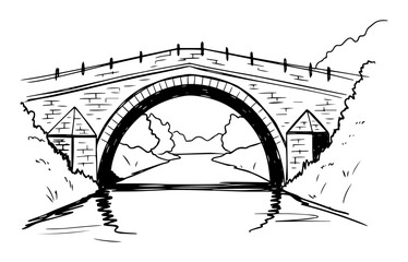 arched stone bridge over river sketch line art