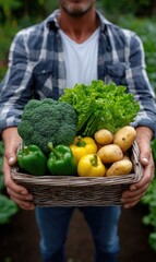 A person stands in a lush garden, holding a wicker basket filled with freshly harvested vegetables, including green peppers, broccoli, lettuce, and potatoes, symbolizing local farming