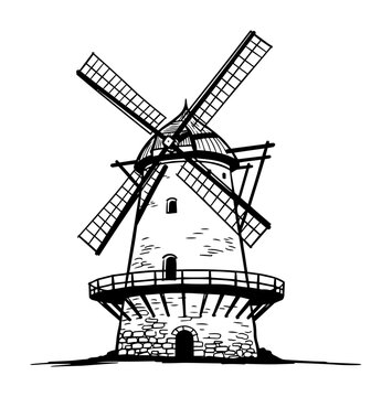 old stone windmill countryside sketch line art
