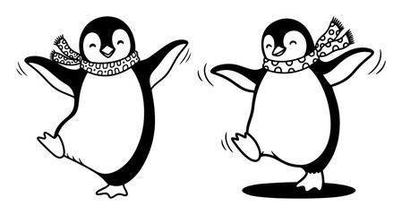 cute dancing penguins in scarves winter characters vector black illustration shape for laser cutting and engraving
