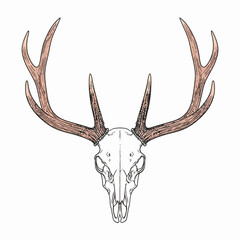 Symmetrical line art illustration of a deer skull with large, textured light brown antlers.