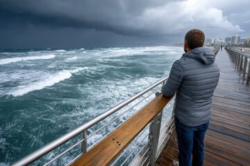 Fototapeta premium Man on a Pier Watching a Stormy Ocean Scene Dark Clouds Roll In