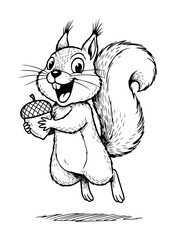 cute squirrel holding an acorn cartoon forest animal vector black illustration shape for laser cutting and engraving