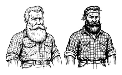 bearded man portrait lumberjack hipster style in plaid shirt vector black illustration shape for laser cutting and engraving