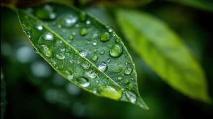 Dew-kissed leaves glisten in the soft morning light, showcasing the beauty of nature after a refreshing rain in a lush garden setting. A peaceful and serene atmosphere surrounds the scene.