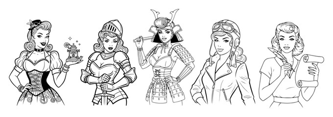 set of beautiful women in different costumes vector characters