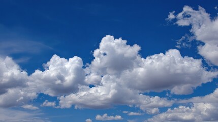 Fototapeta premium Large, fluffy clouds float peacefully in the bright blue sky, creating a tranquil atmosphere. This scene captures the beauty of nature during a sunny afternoon.