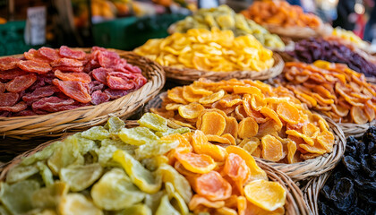 Fototapeta premium Deliciously dried fruit slices displayed in a woven basket at a market stand in autumn season