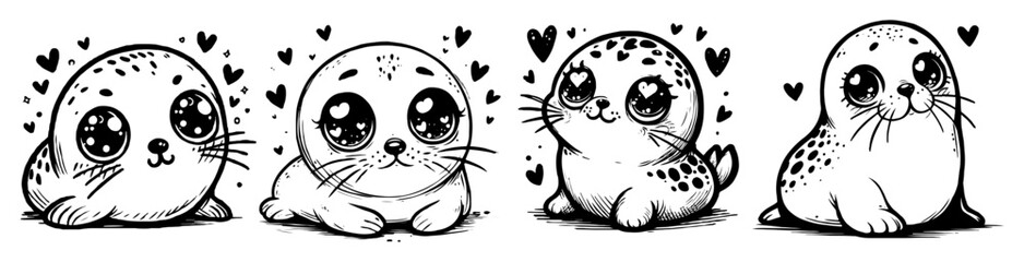 cute kawaii baby seals with big eyes chibi characters set vector black illustration shape for laser cutting and engraving