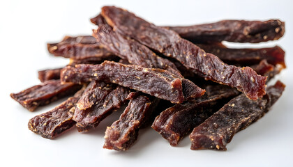 Traditional jerky sticks made from rich protein source displayed on a clean white background showcasing food preservation techniques