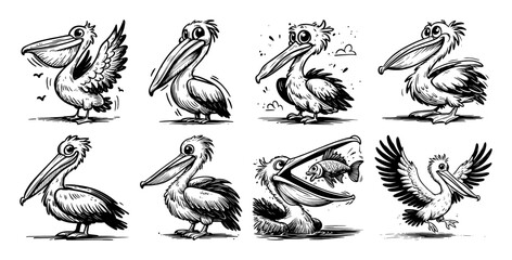 pelican bird cartoon character set sketch illustration