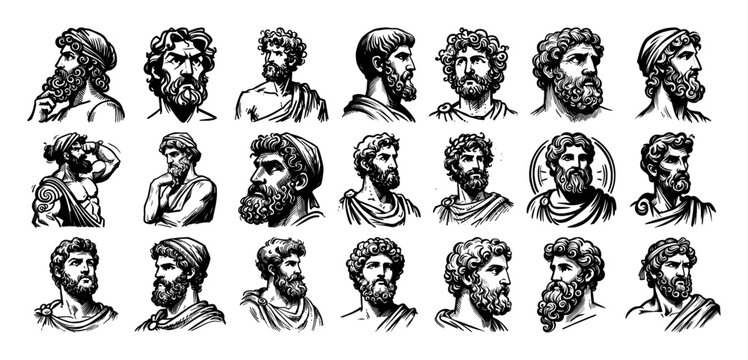 ancient greek gods and philosophers portraits collection mythology vector black illustration shape for laser cutting and engraving