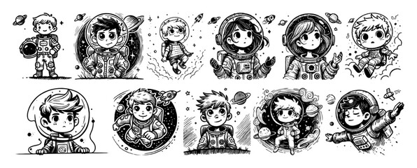 cute kids in astronaut suits cartoon sketch