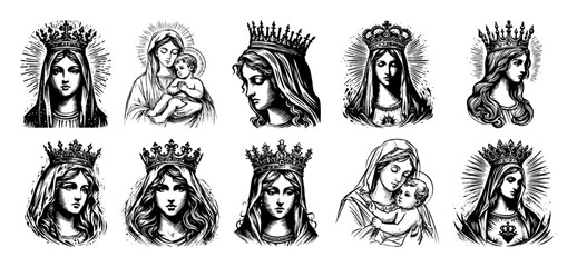 Obraz premium virgin mary crowned vector portrait set