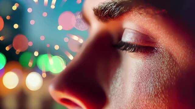 Green eye with colorful bokeh lights, sparks background. Festive celebration atmosphere, vibrant fireworks reflection, portrait, party nightlife entertainment, dazzling illumination, magical wonder