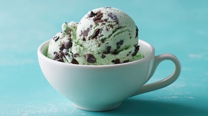 A scoop of mint chocolate chip ice cream sits in a white cup against a turquoise background	
