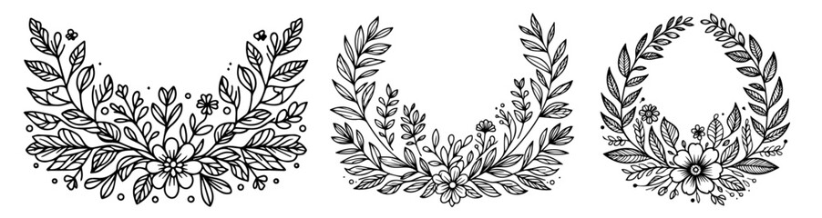 hand drawn floral wreaths and laurels set vector