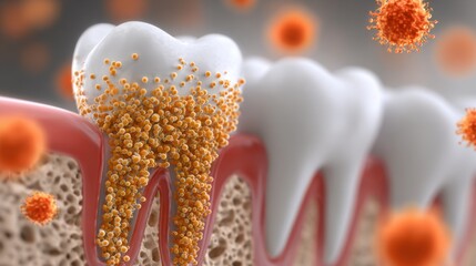 Close-up view highlights the interaction of bacteria with teeth and gums, emphasizing dental hygiene and oral health concerns in a clinical environment.