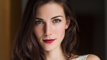 Fototapeta premium A young woman with long dark hair and captivating green eyes displays a confident expression. She has elegant makeup featuring red lips and is indoors with natural light.