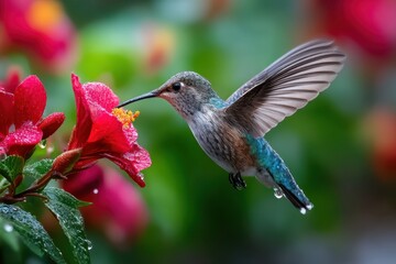 Naklejka premium Hummingbird in Flight Nectar Feeding Red Flower Garden Bloom