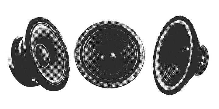 Retro halftone old speaker collage elements. Vintage speaker in halftone texture, grunge dotted pop art style.