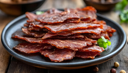 thinly sliced dried meat, pickled pork jerky ready for eating