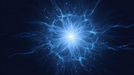 An electric blue energy explosion emits bright particles against a dark backdrop, showcasing swirling tendrils of light and energy. The dynamic display captures the essence of vibrant motion.