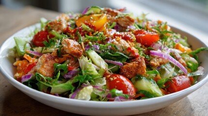A large bowl filled with vibrant mixed greens, juicy tomatoes, and crispy fried chicken pieces, garnished with onions and herbs. Light and refreshing meal indoors.