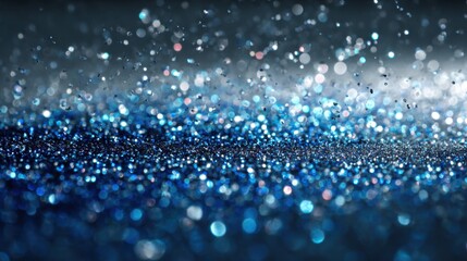 Tiny blue glitter particles fill the foreground, catching light in a dazzling display. The atmosphere is vibrant and festive, perfect for an evening celebration or party.