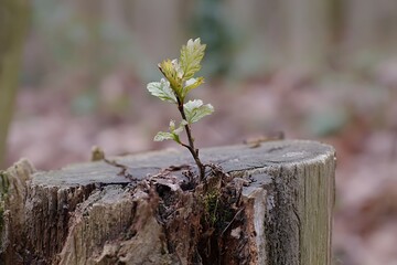 Fototapeta premium New tree life emerging from old tree stump remains 