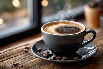 Steaming Coffee Cup on Rustic Wood Surface Near Window